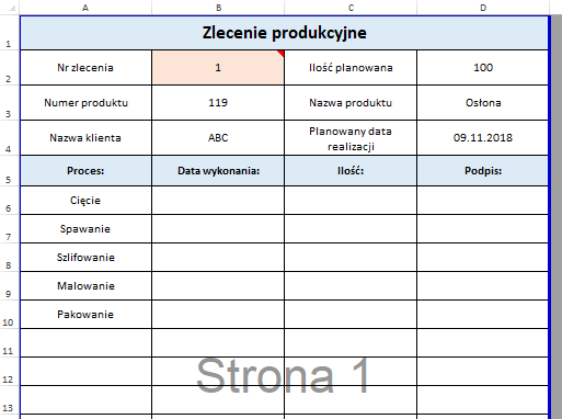 Zlecenie produkcyjne Excel