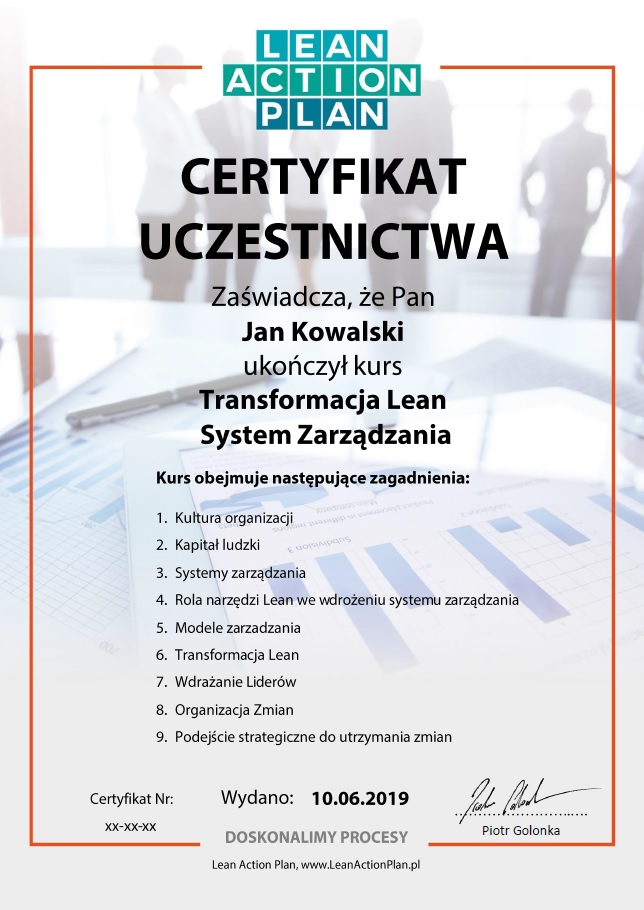 Certyfikat ukończenia szkolenia online Transformacja Lean - System Zarządzania